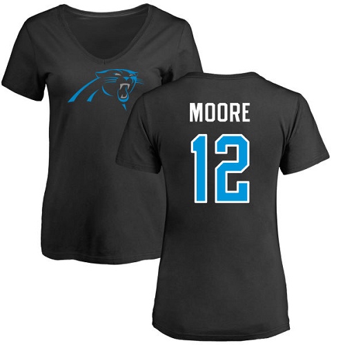 Carolina Panthers Black Women DJ Moore Name and Number Logo Slim Fit NFL Football #12 T Shirt